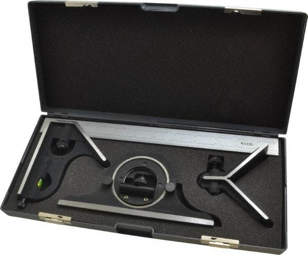 SPI - 4 Piece, 12" Combination Square Set - 1/32 & 1/64" (English/Metric) Graduation, Hardened Steel Blade, Cast Iron Center, Protractor & Square Head - USA Tool & Supply