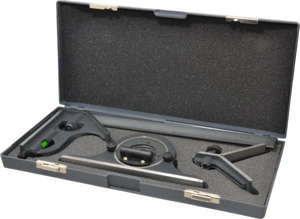 SPI - 4 Piece, 12" Combination Square Set - 1/100, 1/32, 1/50 & 1/64" (16R) Graduation, Hardened Steel Blade, Cast Iron Center, Protractor & Square Head - USA Tool & Supply