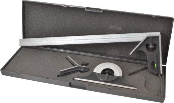 SPI - 4 Piece, 18" Combination Square Set - 1/100, 1/32, 1/50 & 1/64" (16R) Graduation, Hardened Steel Blade, Cast Iron Center, Protractor & Square Head - USA Tool & Supply