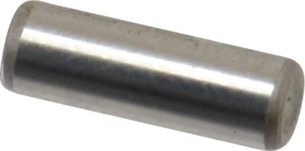 Made in USA - 1/8" Diam x 3/8" Pin Length Grade 8 Alloy Steel Standard Dowel Pin - Bright Finish, C 47-58 & C 60 (Surface) Hardness, 1,840 Lb (Single Shear), 3,680 Lb (Double Shear) Breaking Strength, 1 Beveled & 1 Rounded End - USA Tool & Supply