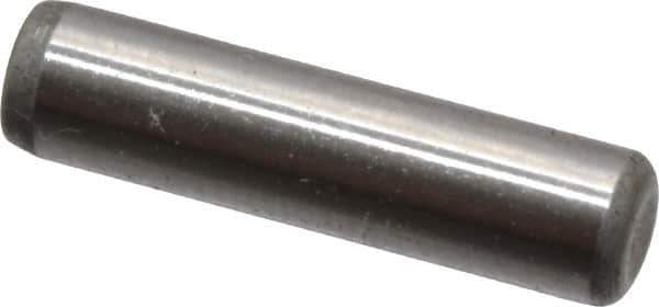 Made in USA - 1/8" Diam x 1/2" Pin Length Grade 8 Alloy Steel Standard Dowel Pin - Bright Finish, C 47-58 & C 60 (Surface) Hardness, 1,840 Lb (Single Shear), 3,680 Lb (Double Shear) Breaking Strength, 1 Beveled & 1 Rounded End - USA Tool & Supply