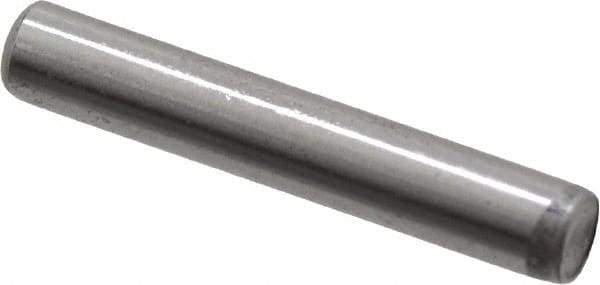 Made in USA - 1/8" Diam x 3/4" Pin Length Grade 8 Alloy Steel Standard Dowel Pin - Bright Finish, C 47-58 & C 60 (Surface) Hardness, 1,840 Lb (Single Shear), 3,680 Lb (Double Shear) Breaking Strength, 1 Beveled & 1 Rounded End - USA Tool & Supply