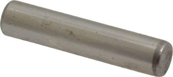 Made in USA - 3/16" Diam x 7/8" Pin Length Grade 8 Alloy Steel Standard Dowel Pin - Bright Finish, C 47-58 & C 60 (Surface) Hardness, 4,150 Lb (Single Shear), 8,300 Lb (Double Shear) Breaking Strength, 1 Beveled & 1 Rounded End - USA Tool & Supply