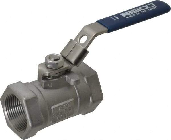 NIBCO - 1-1/4" Pipe, Reduced Port, Carbon Steel Standard Ball Valve - 1 Piece, Inline - One Way Flow, FNPT x FNPT Ends, Locking Lever Handle, 2,000 WOG - USA Tool & Supply