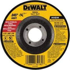 DeWALT - 60 Grit, 4-1/2" Wheel Diam, 7/8" Arbor Hole, Type 27 Depressed Center Wheel - Aluminum Oxide, Resinoid Bond, 13,300 Max RPM - USA Tool & Supply