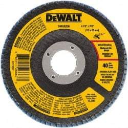 DeWALT - 40 Grit, 4-1/2" Disc Diam, 7/8" Center Hole, Type 29 Zirconia Alumina Flap Disc - 13,300 Max RPM, Poly Cotton Backing, Arbor Attaching System, Coated - USA Tool & Supply