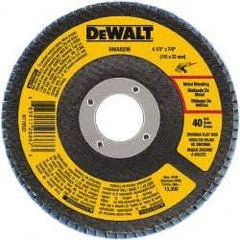 DeWALT - 40 Grit, 4-1/2" Disc Diam, 7/8" Center Hole, Type 29 Zirconia Alumina Flap Disc - 13,300 Max RPM, Poly Cotton Backing, Arbor Attaching System, Coated - USA Tool & Supply