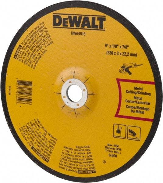 DeWALT - 24 Grit, 9" Wheel Diam, 1/8" Wheel Thickness, 7/8" Arbor Hole, Type 27 Depressed Center Wheel - Aluminum Oxide, Diamond Matrix Bond, 6,600 Max RPM, Compatible with Angle Grinder - USA Tool & Supply