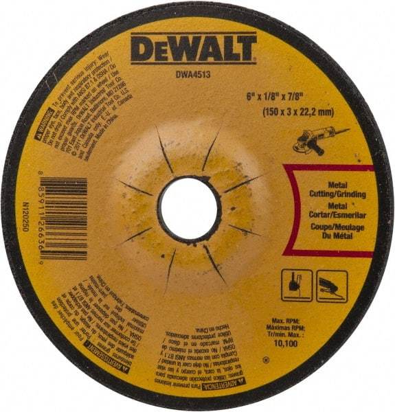 DeWALT - 24 Grit, 6" Wheel Diam, 1/8" Wheel Thickness, 7/8" Arbor Hole, Type 27 Depressed Center Wheel - Aluminum Oxide, Diamond Matrix Bond, 10,100 Max RPM, Compatible with Angle Grinder - USA Tool & Supply