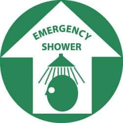 NMC - Emergency Shower, Anti-Skid Pressure-Sensitive Vinyl Floor Sign - Round, Green on White, Adhesive Backed, For First Aid - USA Tool & Supply