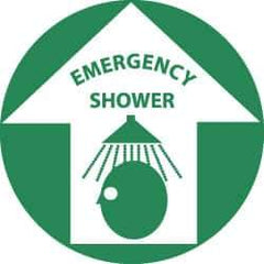 NMC - Emergency Shower, Anti-Skid Pressure-Sensitive Vinyl Floor Sign - Round, Green on White, Adhesive Backed, For First Aid - USA Tool & Supply