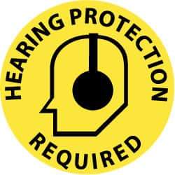 NMC - Hearing Protection Required, Anti-Skid Pressure-Sensitive Vinyl Floor Sign - Round, Black on Yellow, Adhesive Backed, For Accident Prevention - USA Tool & Supply