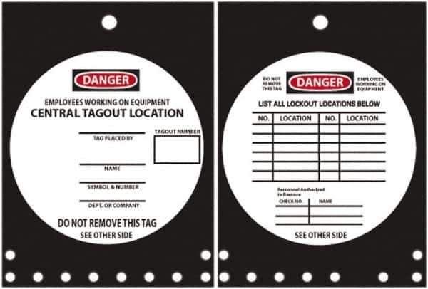 NMC - 10" High x 14" Long, DANGER - EMPLOYEES WORKING ON EQUIPMENT CENTRAL TAGOUT LOCATION, English Safety & Facility Lockout Tag - Tag Header: Danger, 2 Sides, Black, Red & White Rigid Plastic - USA Tool & Supply