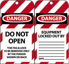 NMC - 3" High x 6" Long, DANGER - DO NOT OPEN - THIS TAG & LOCK TO BE REMOVED ONLY BY THE PERSON SHOWN ON BACK, English Safety & Facility Lockout Tag - Tag Header: Danger, 2 Sides, Black, Red & White Unrippable Vinyl - USA Tool & Supply