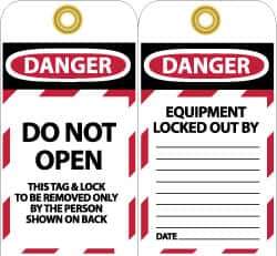 NMC - 3" High x 6" Long, DANGER - DO NOT OPEN - THIS TAG & LOCK TO BE REMOVED ONLY BY THE PERSON SHOWN ON BACK, English Safety & Facility Lockout Tag - Tag Header: Danger, 2 Sides, Black, Red & White Unrippable Vinyl - USA Tool & Supply