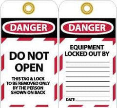 NMC - 3" High x 6" Long, DANGER - DO NOT OPEN - THIS TAG & LOCK TO BE REMOVED ONLY BY THE PERSON SHOWN ON BACK, English Safety & Facility Lockout Tag - Tag Header: Danger, 2 Sides, Black, Red & White Unrippable Vinyl - USA Tool & Supply