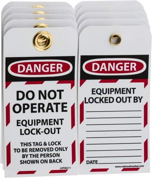 NMC - 3" High x 6" Long, DANGER - DO NOT OPERATE - EQUIPMENT LOCK-OUT - THIS TAG & LOCK TO BE REMOVED ONLY BY THE PERSON SHOWN ON BACK, English Safety & Facility Lockout Tag - Tag Header: Danger, 2 Sides, Black, Red & White Unrippable Vinyl - USA Tool & Supply