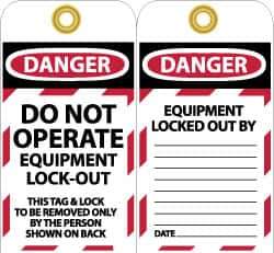 NMC - 3" High x 6" Long, DANGER - DO NOT OPERATE - EQUIPMENT LOCK-OUT - THIS TAG & LOCK TO BE REMOVED ONLY BY THE PERSON SHOWN ON BACK, English Safety & Facility Lockout Tag - Tag Header: Danger, 2 Sides, Black, Red & White Unrippable Vinyl - USA Tool & Supply