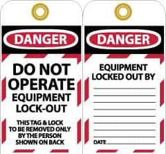 NMC - 3" High x 6" Long, DANGER - DO NOT OPERATE - EQUIPMENT LOCK-OUT - THIS TAG & LOCK TO BE REMOVED ONLY BY THE PERSON SHOWN ON BACK, English Safety & Facility Lockout Tag - Tag Header: Danger, 2 Sides, Black, Red & White Unrippable Vinyl - USA Tool & Supply