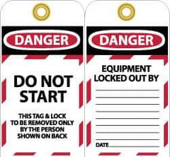 NMC - 3" High x 6" Long, DANGER - DO NOT START - THIS TAG & LOCK TO BE REMOVED ONLY BY THE PERSON SHOWN ON BACK, English Safety & Facility Lockout Tag - Tag Header: Danger, 2 Sides, Black, Red & White Unrippable Vinyl - USA Tool & Supply