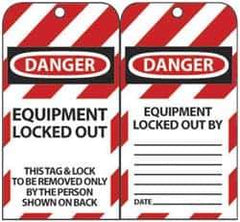 NMC - 3" High x 6" Long, DANGER - EQUIPMENT LOCKED OUT - THIS TAG & LOCK TO BE REMOVED ONLY BY THE PERSON SHOWN ON BACK, English Safety & Facility Lockout Tag - Tag Header: Danger, 2 Sides, Black, Red & White Unrippable Vinyl - USA Tool & Supply