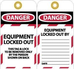 NMC - 3" High x 6" Long, DANGER - EQUIPMENT LOCKED OUT - THIS TAG & LOCK TO BE REMOVED ONLY BY THE PERSON SHOWN ON BACK, English Safety & Facility Lockout Tag - Tag Header: Danger, 2 Sides, Black, Red & White Unrippable Vinyl - USA Tool & Supply