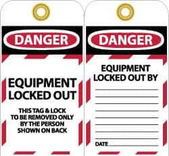 NMC - 3" High x 6" Long, DANGER - EQUIPMENT LOCKED OUT - THIS TAG & LOCK TO BE REMOVED ONLY BY THE PERSON SHOWN ON BACK, English Safety & Facility Lockout Tag - Tag Header: Danger, 2 Sides, Black, Red & White Unrippable Vinyl - USA Tool & Supply