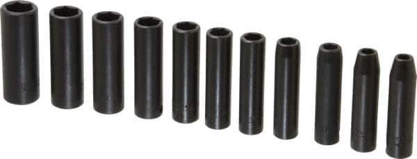 Proto - 11 Piece 3/8" Drive Deep Well Impact Socket Set - 6 Points, 7mm to 17mm Range, Metric Measurement Standard - USA Tool & Supply