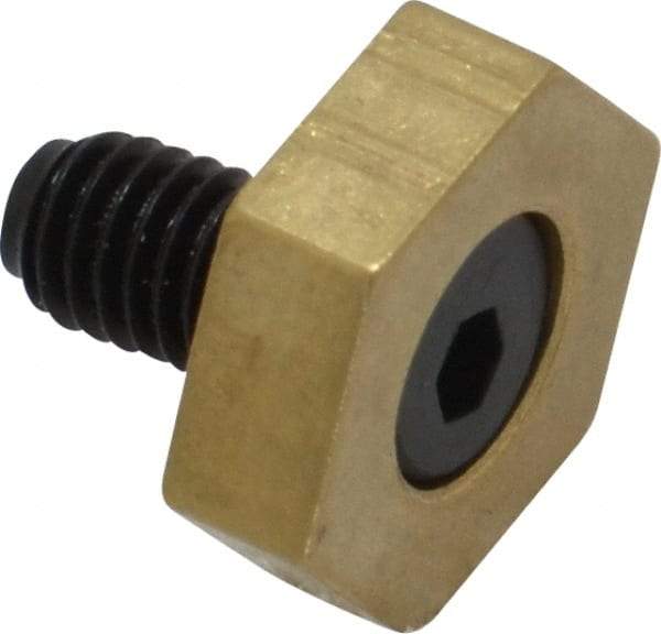 Mitee-Bite - 1/2" Brass Hex, 10-32 Stud Thread, Symmetrical Hex Clamp - 0.16" Hex Height, 350 Lb Holding Force, Hardened Steel Stud, 11/32" Long Thread, 2.5 Ft/Lb Torque, 10 Clamps - USA Tool & Supply