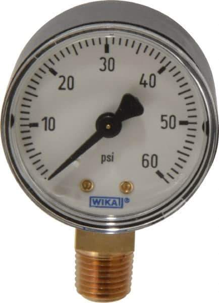 Wika - 2" Dial, 1/4 Thread, 0-60 Scale Range, Pressure Gauge - Lower Connection Mount, Accurate to 3-2-3% of Scale - USA Tool & Supply