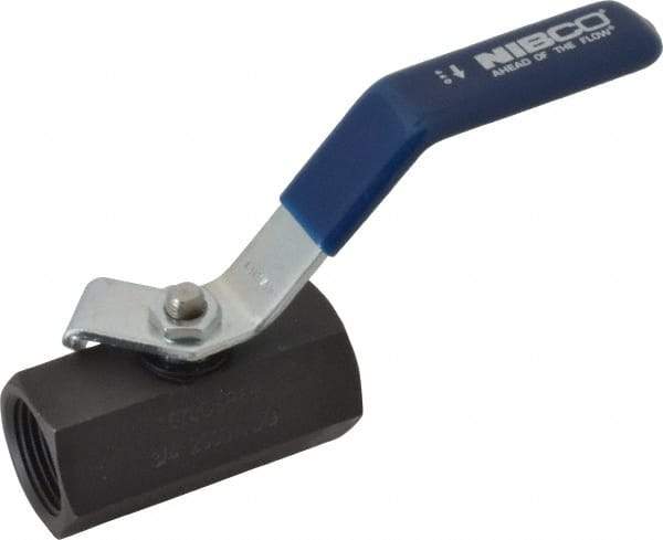 NIBCO - 3/4" Pipe, Carbon Steel Standard Ball Valve - 1 Piece, Inline - One Way Flow, FNPT x FNPT Ends, Lever Handle, 2,000 WOG - USA Tool & Supply