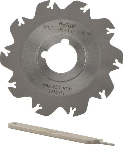 Iscar - Arbor Hole Connection, 0.049" Cutting Width, 1.18" Depth of Cut, 3.94" Cutter Diam, 1" Hole Diam, 10 Tooth Indexable Slotting Cutter - SGSF Toolholder, GSFN, GSFU Insert - USA Tool & Supply