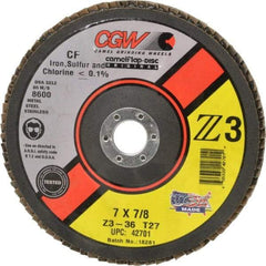 Camel Grinding Wheels - 36 Grit, 7" Disc Diam, 7/8" Center Hole, Type 27 Zirconia Alumina Flap Disc - 8,600 Max RPM, Poly Cotton Backing, Arbor Attaching System, Coated - USA Tool & Supply