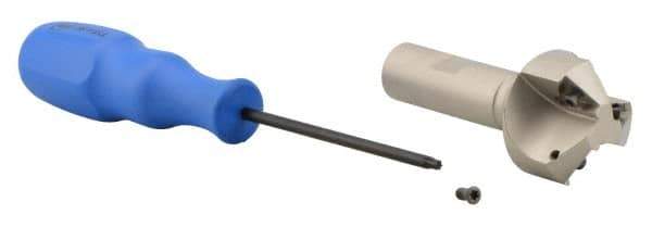 Iscar - 30° Lead Angle, 1.61" Max Cut Diam, 5/8" Min Cut Diam, 0.27" Max Depth of Cut, Indexable Chamfer and Angle End Mill - 3 Inserts, TPMT Insert Style, 3.54" Overall Length, Straight Shank - USA Tool & Supply