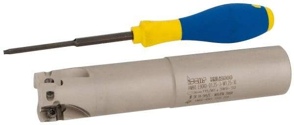 Iscar - 1-1/4" Cut Diam, 0.56" Max Depth of Cut, 1-1/4" Shank Diam, 6-1/4" OAL, Indexable Square Shoulder End Mill - AD..1505.., HM90 AD..1505 Inserts, Weldon Shank, 90° Lead Angle, Series Heli2000 - USA Tool & Supply