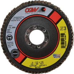 Camel Grinding Wheels - 36 Grit, 4-1/2" Disc Diam, 7/8" Center Hole, Type 27 Zirconia Alumina Flap Disc - 13,300 Max RPM, Poly Cotton Backing, Arbor Attaching System, Coated - USA Tool & Supply