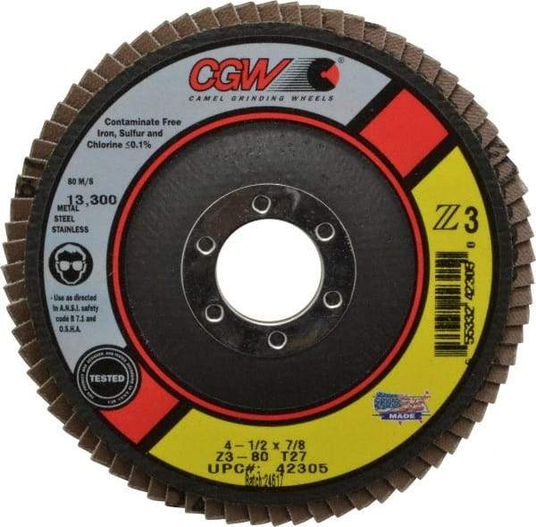 Camel Grinding Wheels - 80 Grit, 4-1/2" Disc Diam, 7/8" Center Hole, Type 27 Zirconia Alumina Flap Disc - 13,300 Max RPM, Poly Cotton Backing, Arbor Attaching System, Coated - USA Tool & Supply