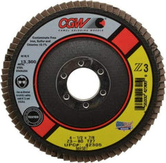Camel Grinding Wheels - 80 Grit, 4-1/2" Disc Diam, 7/8" Center Hole, Type 27 Zirconia Alumina Flap Disc - 13,300 Max RPM, Poly Cotton Backing, Arbor Attaching System, Coated - USA Tool & Supply