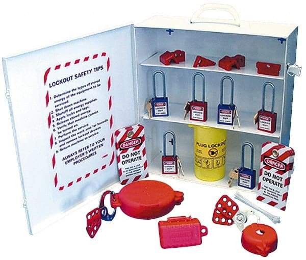 NMC - 18 Piece, Equipped Steel Lockout Cabinet - 15 Inch Wide x 16 Inch High x 5-1/2 Inch Deep, White, Covered - USA Tool & Supply