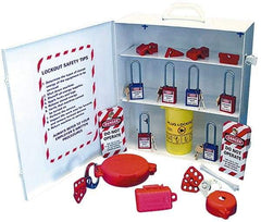 NMC - 18 Piece, Equipped Steel Lockout Cabinet - 15 Inch Wide x 16 Inch High x 5-1/2 Inch Deep, White, Covered - USA Tool & Supply