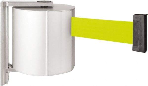 Lavi Industries - 8" High x 6-3/4" Long x 6-3/4" Wide Retractable Barrier Belt - Aluminum, Satin Chrome Finish, Satin Aluminum, Use with Wall Mount - USA Tool & Supply