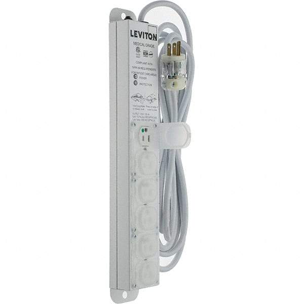 Leviton - 6 Outlets, 125 VAC15 Amps, 15' Cord, Surge Power Outlet Strip - Wall/Surface Mount, 5-20 NEMA Configuration, 1-1/4' Strip, UL 60601-1 - USA Tool & Supply