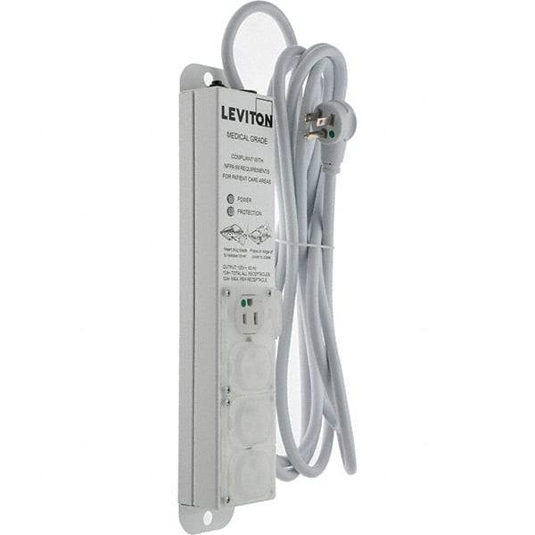 Leviton - 4 Outlets, 125 VAC15 Amps, 15' Cord, Surge Power Outlet Strip - Wall/Surface Mount, 5-20 NEMA Configuration, 1' Strip, UL 60601-1 - USA Tool & Supply