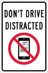 NMC - "Don't Drive Distracted", "Strike on Cell Phone", 12" Wide x 18" High, Aluminum Warning & Safety Reminder Signs - 0.063" Thick, Red & Black on White, Rectangle, Post Mount - USA Tool & Supply