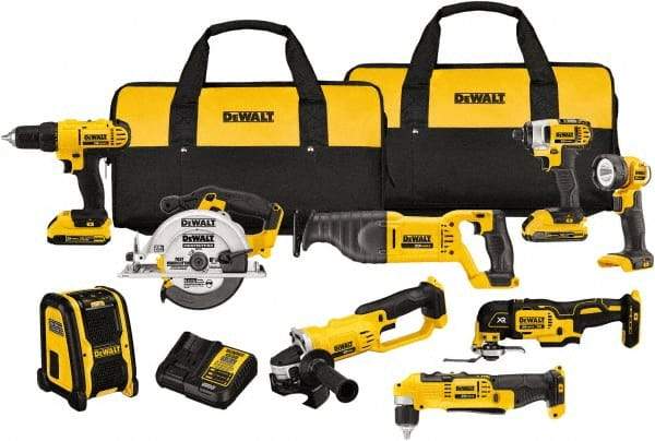 DeWALT - 20 Volt Cordless Tool Combination Kit - Includes 1/2" Compact Drill/Driver, 1/4" Impact Driver, Cut-off Tool/Grinder, Reciprocating Saw, 6-1/2 Circular Saw, LED Worklight & Bluetooth Speaker, Lithium-Ion Battery Included - USA Tool & Supply