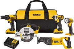 DeWALT - 20 Volt Cordless Tool Combination Kit - Includes 1/2" Compact Drill/Driver, 1/4" Impact Driver, Reciprocating Saw, 6-1/2 Circular Saw & LED Worklight, Lithium-Ion Battery Included - USA Tool & Supply