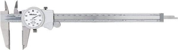 Mitutoyo - 0" to 8" Range, 0.001" Graduation, 0.1" per Revolution, Dial Caliper - White Face, 50mm Jaw Length - USA Tool & Supply