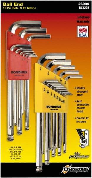 Bondhus - 22 Piece L-Key Ball End Hex Key Set - Hex Range 0.05 to 3/8", Protanium High Torque Steel - USA Tool & Supply