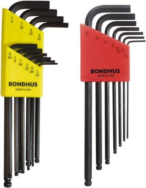 Bondhus - 17 Piece L-Key Ball End Hex Key Set - Hex Range 1/16 to 1/4", Protanium High Torque Steel - USA Tool & Supply