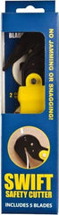 Swift Safety Cutter - Springback Safety Utility Knife - 2" Steel Blade, Yellow Nylon-6 Polyamide Handle, 6 Blades Included - USA Tool & Supply